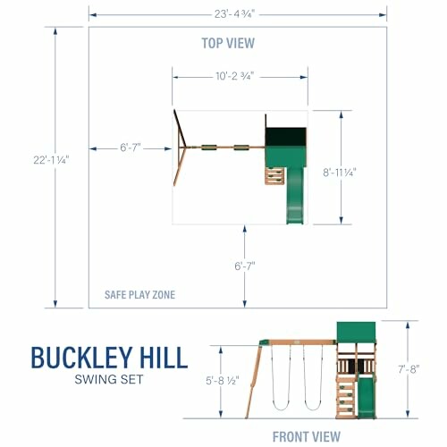 Dimensions and layout of the Buckley Hill swing set showing top and front views.