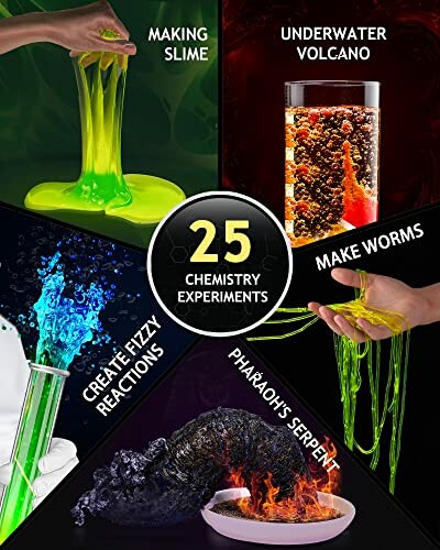 Five colorful chemistry experiments including slime, underwater volcano, worms, fizzy reactions, and Pharaoh's serpent.