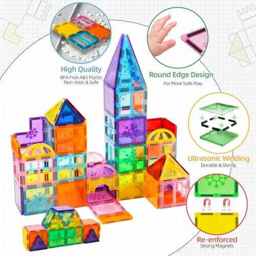 Colorful magnetic building blocks with features highlighted.