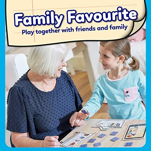 Grandmother and young girl playing a card game at a table, with 'Family Favourite' text above.