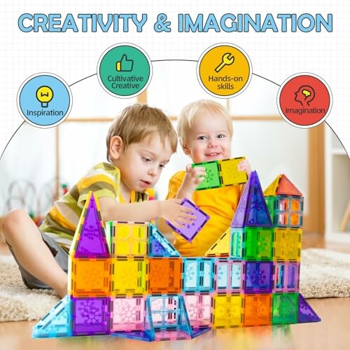 Two children playing with colorful magnetic tiles, promoting creativity and imagination.