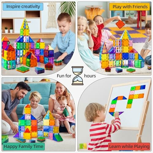 Children building with colorful magnetic tiles in various settings.