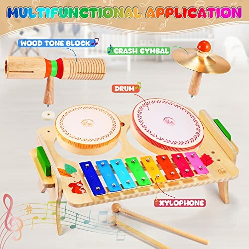 Wooden musical toy with xylophone, drum, wood tone block, and crash cymbal.