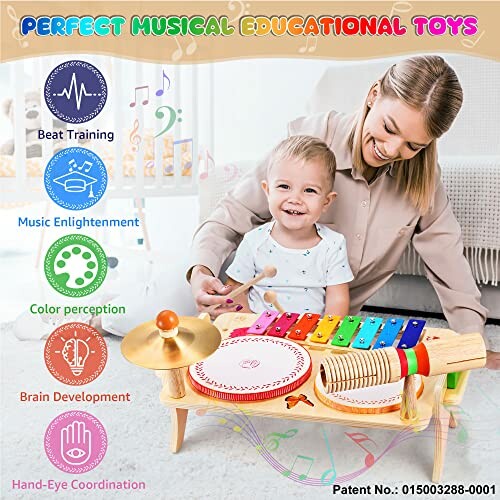 Mother and child playing with colorful musical educational toys set including xylophone and drum.