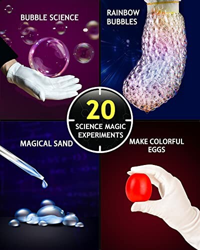 Collage of science experiments: bubble science, rainbow bubbles, magical sand, colorful eggs.