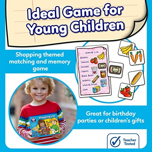 Shopping themed matching and memory game for young children, featuring a child holding the game box and images of fruits and a shopping list.