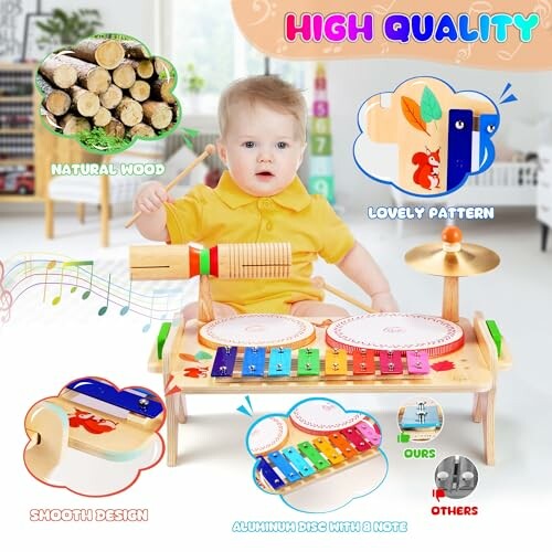 Toddler playing with a colorful musical instrument set featuring xylophone, drums, and natural wood design.