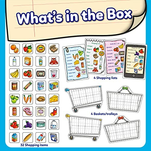 Educational shopping game with items, lists, and trolleys.