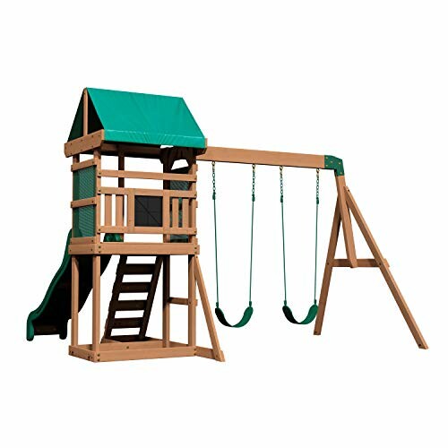 Wooden playset with a slide and swings